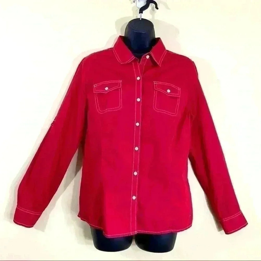 Tommy Hilfiger Collared Red Convertible Roll Sleeve Flap Pocket Button Top SizeM